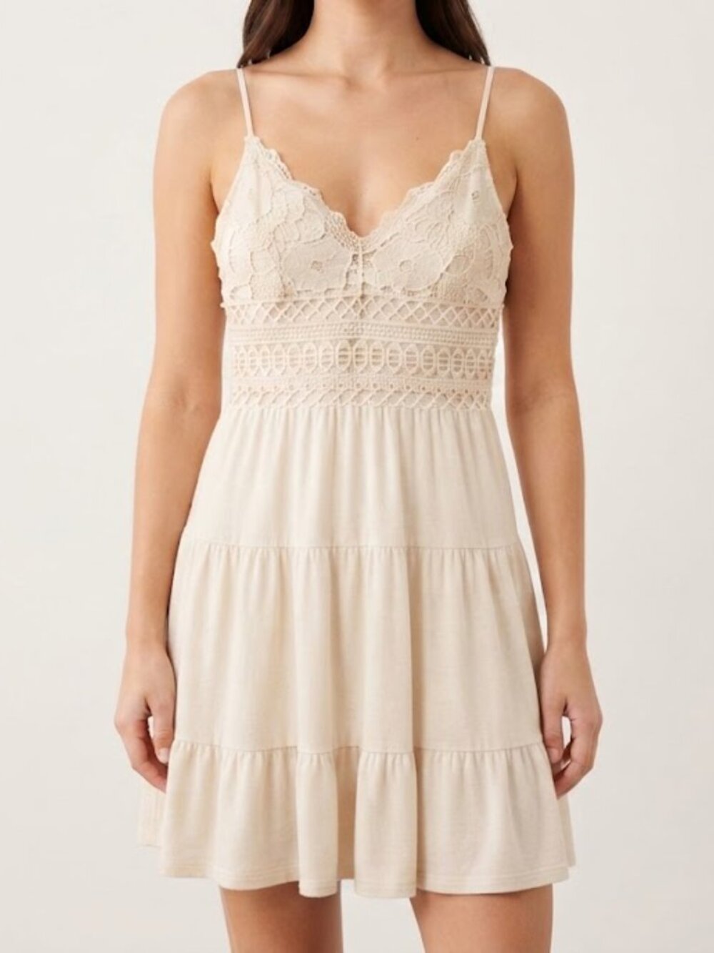 Cream Lace-Trim Mini Dress
